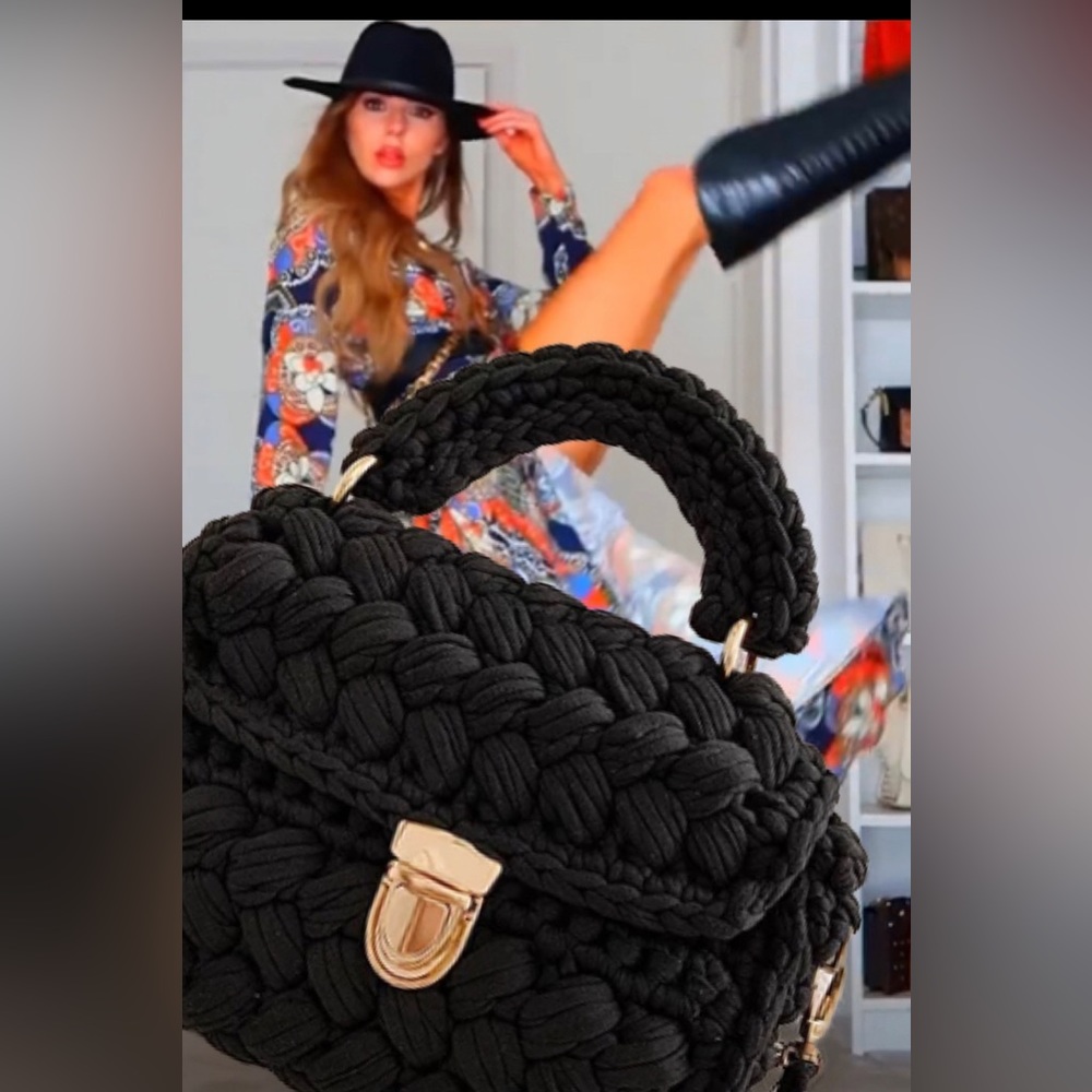 Black Woven ‘Crotchet’ satchel with catch-clasp and detachable strap. NWT